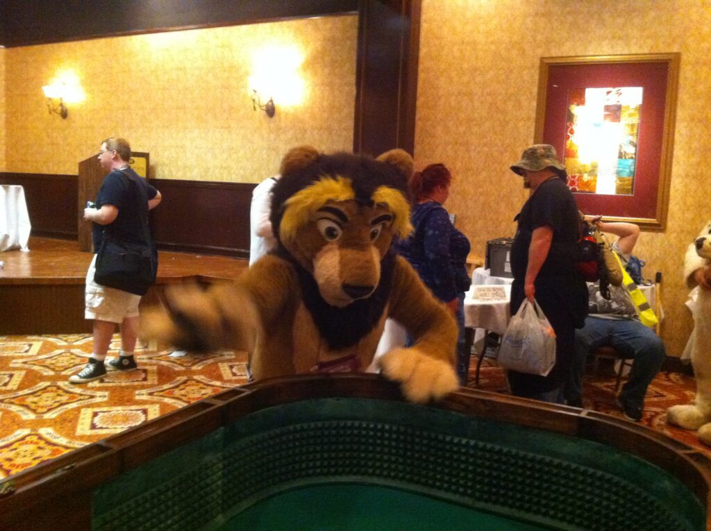 Casino craps table with a lion costume